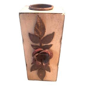 7 Inch Wooden Pillar Candle Holder with Rustic Flower Farmhouse Decor